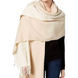 DKNY Double panel Woven Logo Wrap Scarf – Beige/Cream – Oversized 12” x 74”